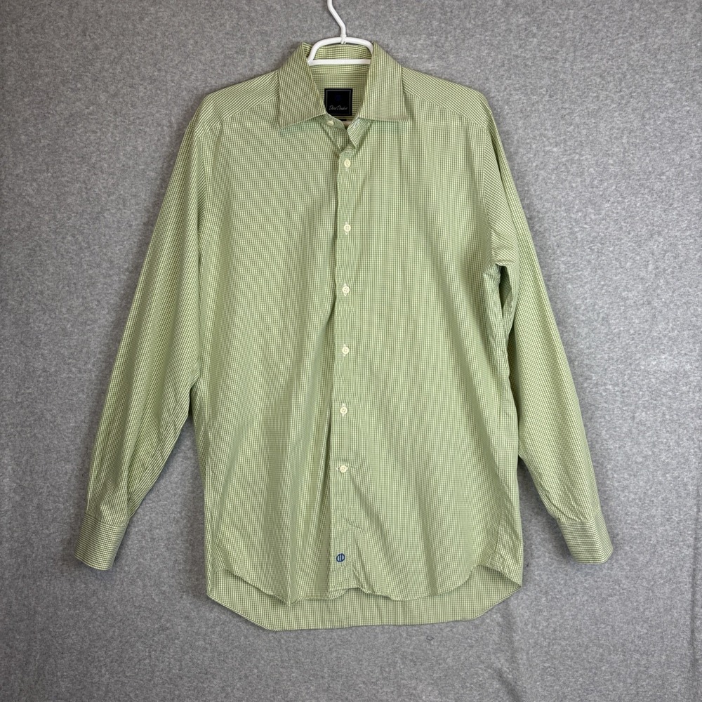 David Donahue Dress Shirt Mens 16.5 34/35 Green Check Trim Fit Button Up